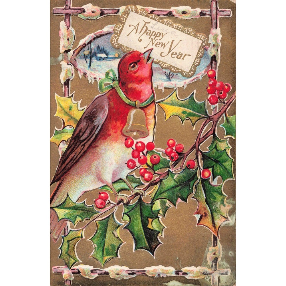 Vintage 1911 A Happy New Year Postcard Red Bird Holly Berries Endicott NY Stamp - Picture 1 of 2
